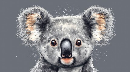  a close up of a koala bear on a gray background with snow flakes on it's fur and a black nose ring around it's eyes.