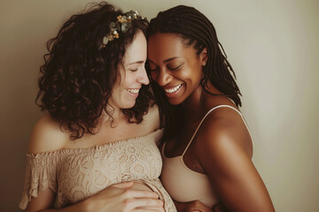 Happy pregnant mothers smiling at their baby bumps in a studio. Joyful expectant women enjoying the anticipation of motherhood while bonding with their unborn babies - obrazy, fototapety, plakaty