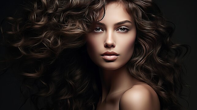 Photo of  young  woman with beauty long curly hair. fashion model posing at studio.