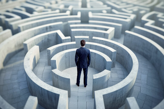 businessman standing at a crossroads in a maze, trying to decide which way to go.