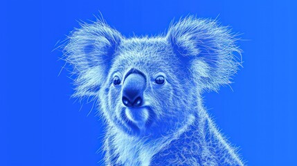  a close up of a koala on a blue background with a blurry image of the head of a koala in the foreground and a blue background.