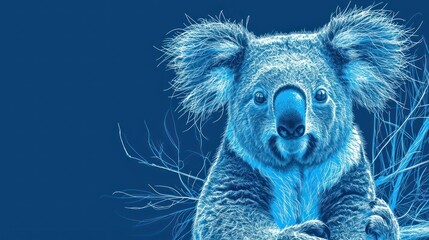  a drawing of a koala sitting on a tree branch with its head turned to the side, with its eyes wide open, in front of a blue background.