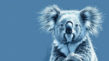  a close up of a koala on a blue background with a blurry image of the head and shoulders of a koala in the foreground, with a blue sky in the background.