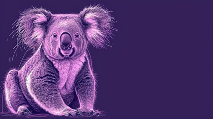  a drawing of a koala sitting on the ground with its head turned to the side and eyes wide open, with its mouth wide open, with a purple background.
