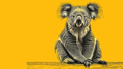  a drawing of a koala sitting on top of a tree branch in front of a yellow background with a black and white drawing of a koala sitting on top of a tree branch.