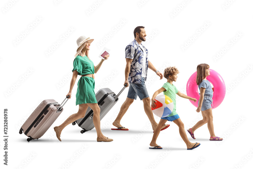 Poster Family going on a summer vacation, packed with suitcases and beach accessories