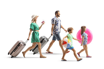 Obraz premium Family going on a summer vacation, packed with suitcases and beach accessories