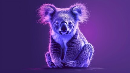 Fototapeta premium a close up of a koala sitting on the ground with its head turned to the side and it's eyes wide open, with its mouth wide open, on a purple background.