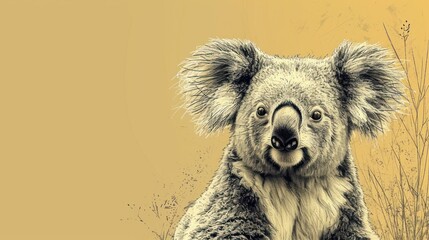  a drawing of a koala sitting in a field of tall grass and looking at the camera with a surprised look on his face, with his eyes wide open.