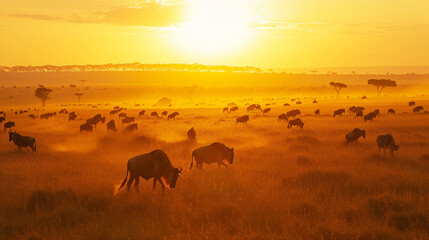 Fototapeta na wymiar A sprawling savanna at golden hour with silhouettes of wild animals.