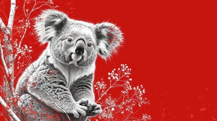  a black and white photo of a koala sitting on a tree branch with a red background and a black and white photo of a koala sitting on a tree branch.