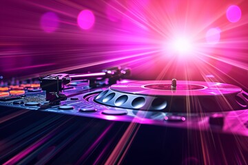 Fototapeta na wymiar DJ desk, with records on a background of laser beams in pink purple colours, background with space for your text discotheque