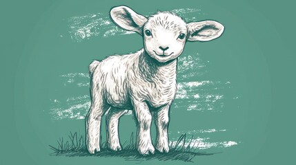  a drawing of a lamb standing in a field of grass with a blue sky in the background and a green sky in the middle of the drawing is the image. - obrazy, fototapety, plakaty