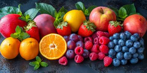 Many Fresh Summer Fruit’s On Dark Stone Background. Healthy Lifestyle Concept.