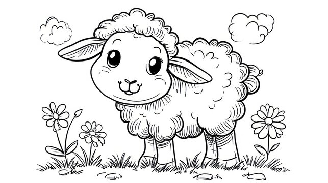  a black and white sheep standing in a field of grass with daisies in the foreground and a cloud in the middle of the field with flowers in the background.