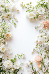 Fototapeta na wymiar A delicate frame of blossoms envelops a pristine white space