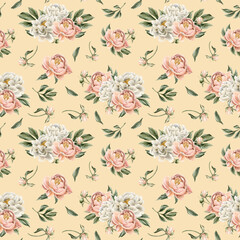 Floral watercolor seamless pattern with white and peach fuzz peony flowers, buds and green leaves on light pink