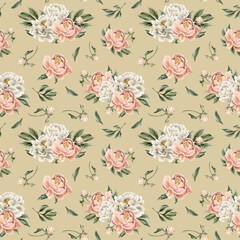 Floral watercolor seamless pattern with white and peach fuzz peony flowers, buds and green leaves on beige