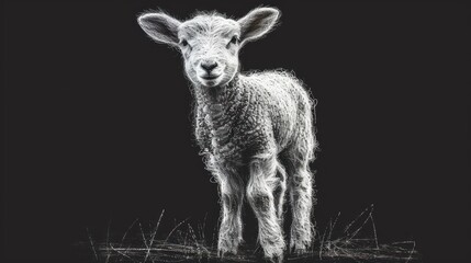  a black and white photo of a baby lamb standing in the grass with its head turned to the side, looking at the camera, with a black background of a black background.