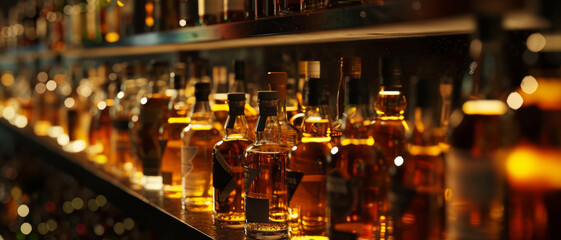 Amber glow of assorted spirits lined up on a bar shelf, creating an inviting atmosphere - obrazy, fototapety, plakaty