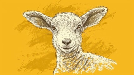  a drawing of a sheep's face on a yellow background with a black and white drawing of a sheep's head on the left side of the sheep's head.