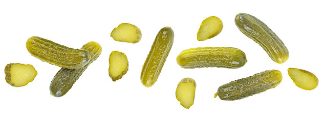 Delicious marinated pickled cucumbers and slices isolated on a white background, view from above.