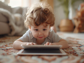 Little boy plying on tablet. AI