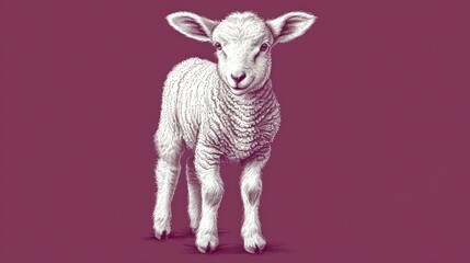  a white sheep standing on top of a purple floor next to a red wall and a black and white drawing of a sheep on the side of the wall of a pink background.