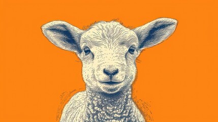  a drawing of a sheep's face on an orange background with a black and white drawing of a sheep's head on an orange background with a black and white border. - obrazy, fototapety, plakaty