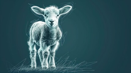  a drawing of a sheep standing on top of a grass covered field in front of a blue background with lines in the shape of a rectangle shape of a sheep's head.