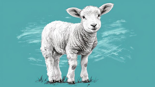  a black and white drawing of a sheep on a teal background with a white outline of a lamb in the foreground and a blue sky in the background.