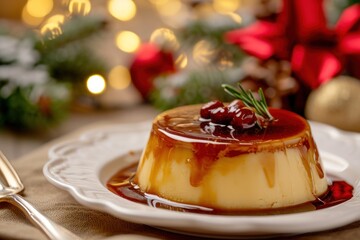 Christmas dessert in Brazil is a delectable vanilla pudding called pudding de leche made with milk and condensed milk and served with caramel sauce - obrazy, fototapety, plakaty