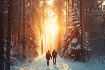 Couple Strolling Hand In Hand Through Sunny Winter Forest