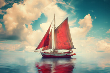 Fototapeta premium Sailboat With Red Sails