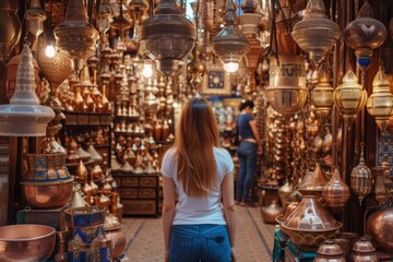 Fototapeta na wymiar Immersing In The Travel Lifestyle: Young Woman's Exploration Of A Copper Souvenir Shop In Marrakesh, Morocco