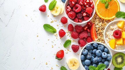 healthy breakfast setup with oatmeal and fruits on a white backdrop, focus on nutrition and wellness
