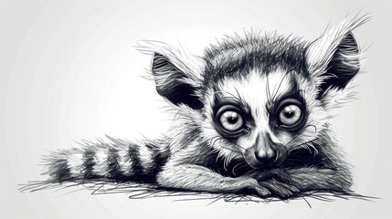  a black and white drawing of a baby raccoon laying on the ground with its eyes wide open and a sad look on its face, while looking at the viewer.