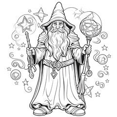 Beautiful Wizard Coloring Page, Perfect Design For your Project and Creations, Ai Generative