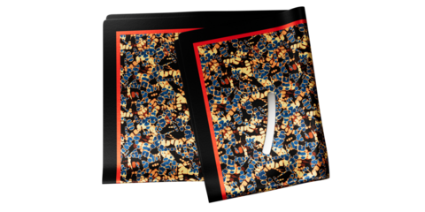 Abstract print silk pocket square with thick black and red border, isolated on a transparent background. Half folded pocket square. Small metal piece on top of fabric