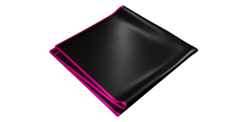 Black silk pocket square with thin pink boarder folded into a square, isolated on a transparent background. 
