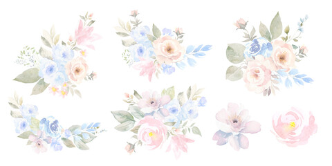 Watercolor light pink and blue floral borders, wreaths, bouquets. Dusty, soft blush flowers PNG. spring and summer pastel  floral clipart. wedding stationary, greetings, fashion, background