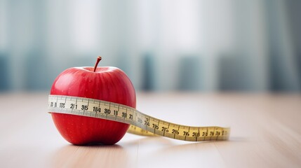 Red apple with measuring tape on white table - obrazy, fototapety, plakaty