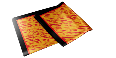 yellow silk pocket square with a geometric red pattern and a thick black and red border isolated on a transparent background. Folded pocket square