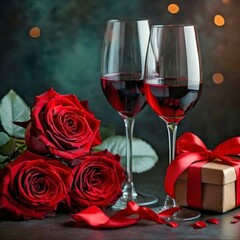 Celebration Setup: Roses, Wine Divider, Gift Box, Two Glasses