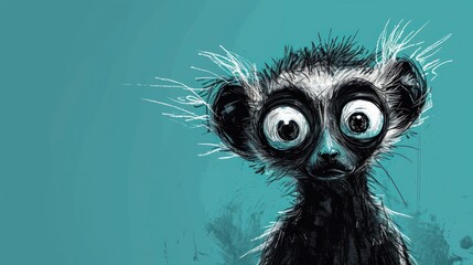  a black and white picture of a small animal with eyes that look like it's looking at something out of the side of the picture, with a blue background.
