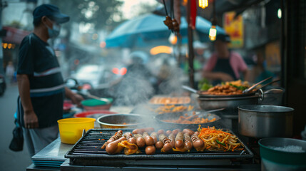 A street food scene with a sizzling hot dog stand in a bustling city environment.