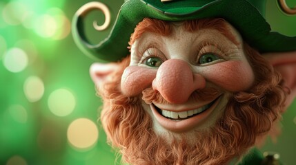 Close-Up Portrait of a Smiling Leprechaun Figurine Celebrating St. Patricks Day