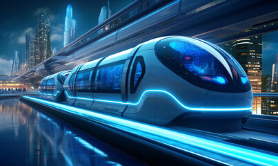 Futuristic city train of the future. Transporting passengers in the center of a modern city.