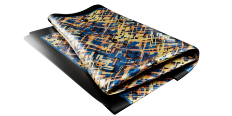 close-up shot of Yellow blue geometric pattern silk pocket square with thick black border, isolated on a transparent background.  folded pocket square