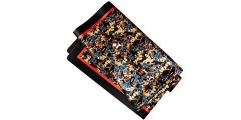 Multicolor abstract print silk pocket square with thick black and red border, isolated on a transparent background.  Two golden metal balls on top of folded pocket square